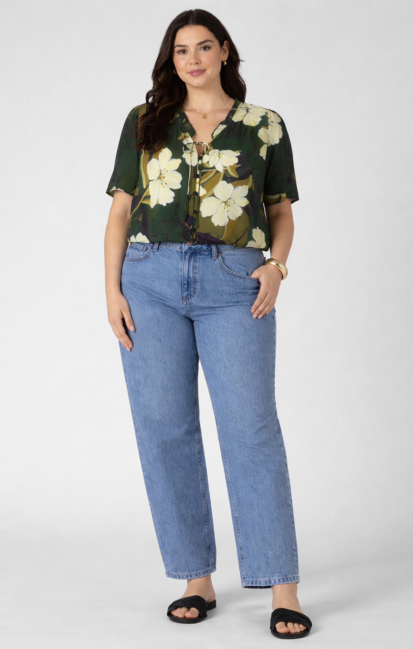 Dex Plus Button Front Ruffle Trim Blouse - Palm Blossom