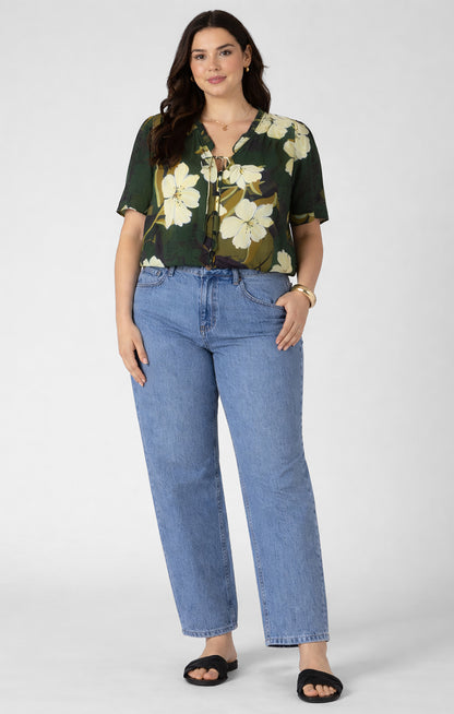 Dex Plus Button Front Ruffle Trim Blouse - Palm Blossom