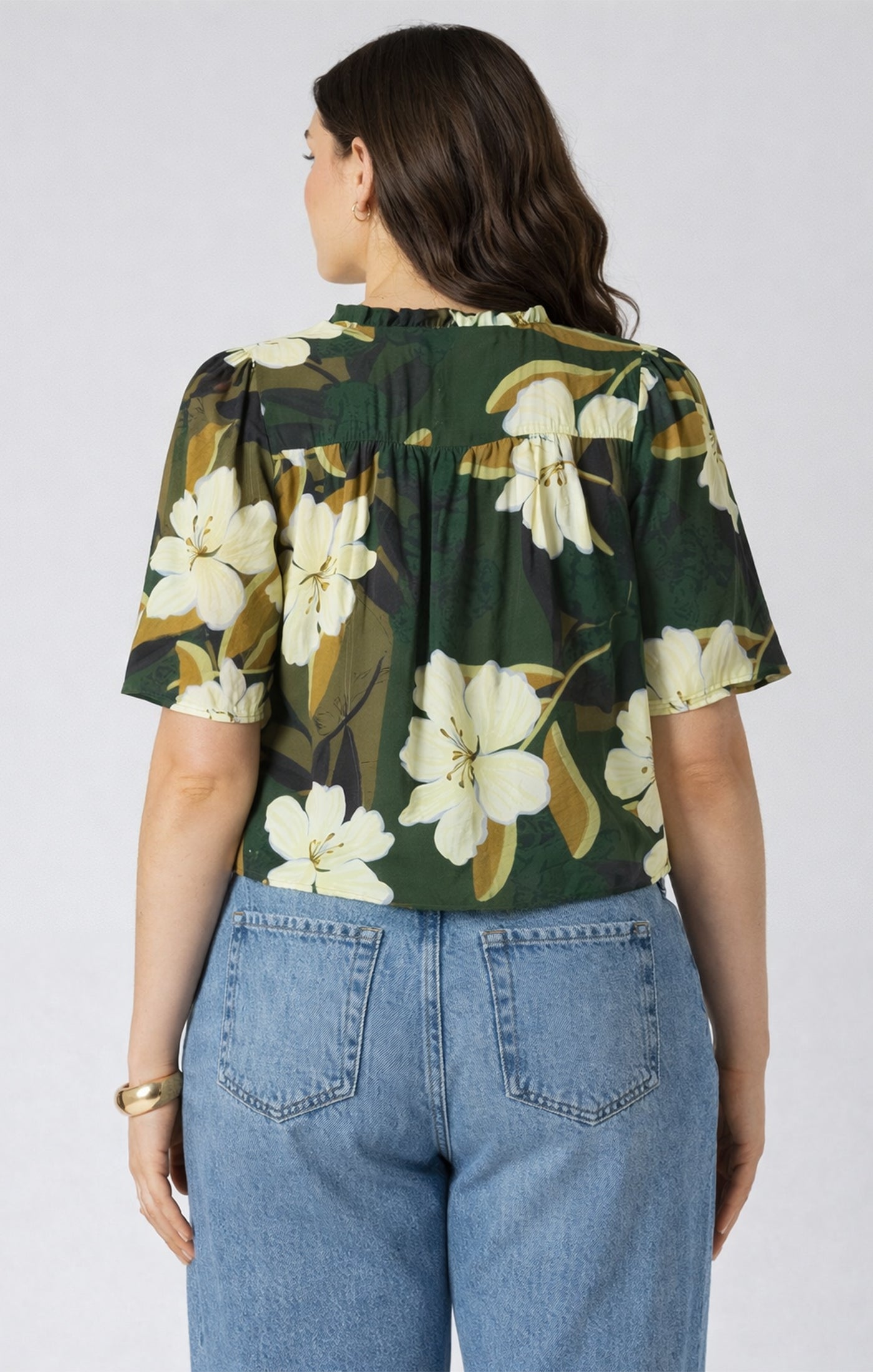 Dex Plus Button Front Ruffle Trim Blouse - Palm Blossom