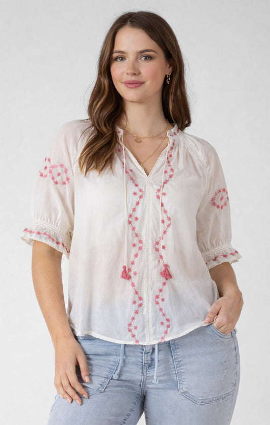 Dex Plus Embroidered Lace Insert Blouse - Ecru & Raspberry