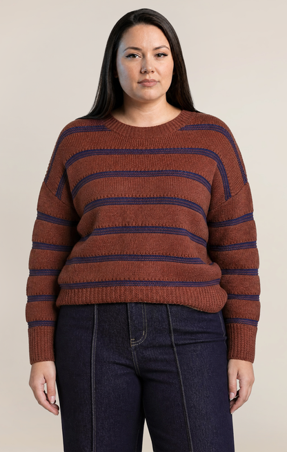 Dex Plus Stripe Crewneck Sweater - Rustic Brown & Blue