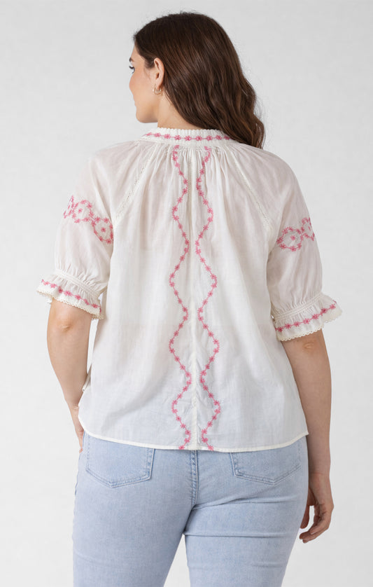Dex Plus Embroidered Lace Insert Blouse - Ecru & Raspberry