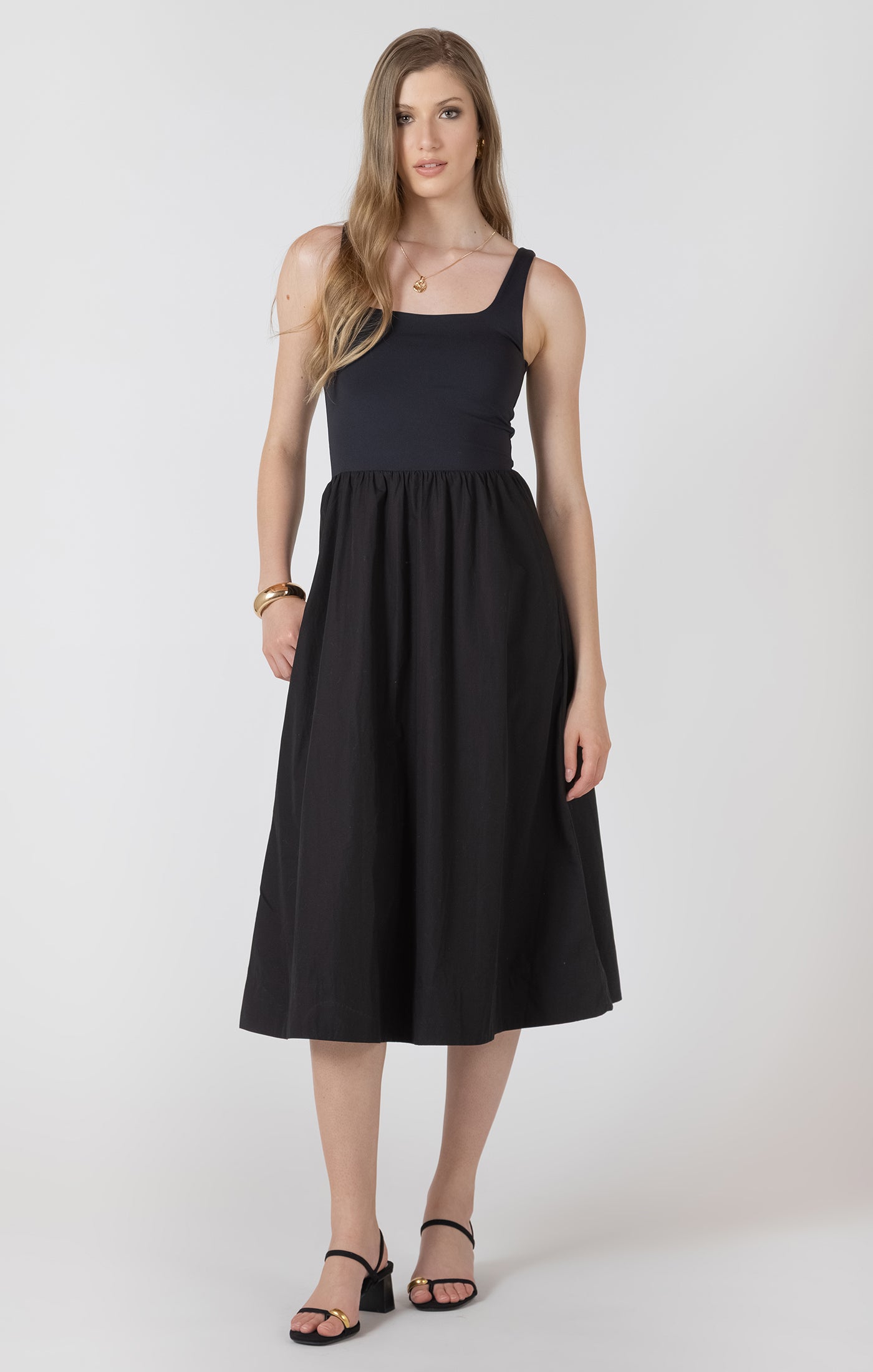 Black Tape Mixed Fabric Midi Dress - Black