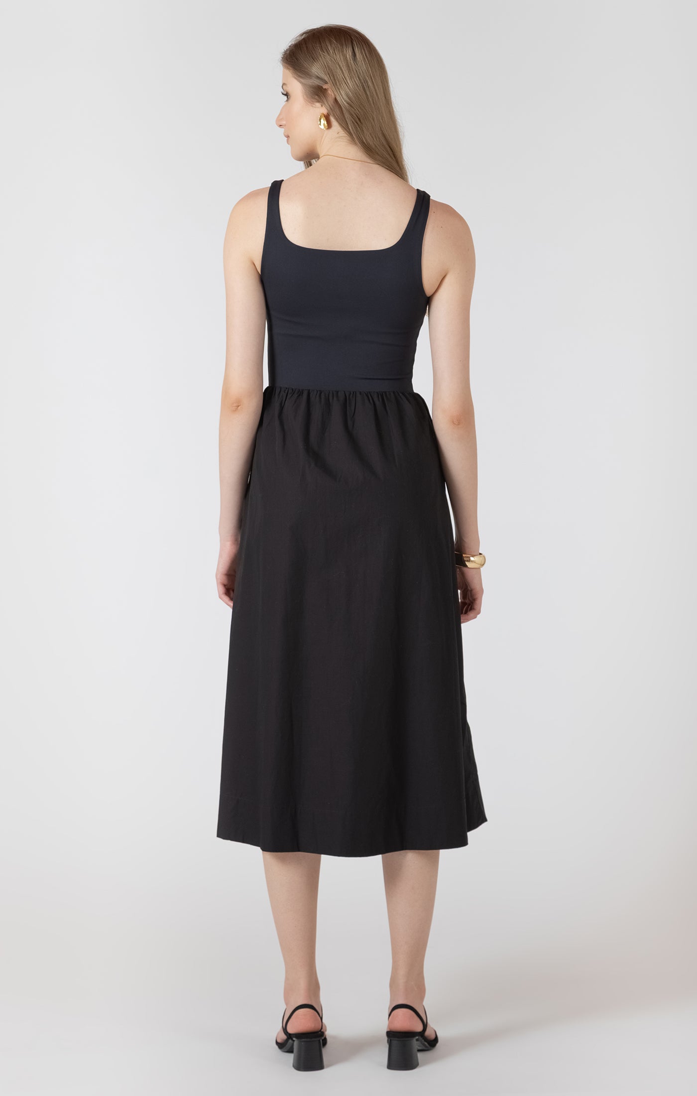 Black Tape Mixed Fabric Midi Dress - Black