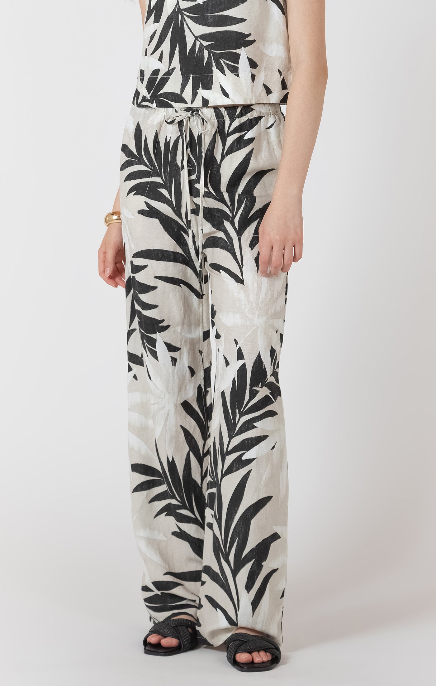 Black Tape Wide Leg Drawstring Trouser - Abstract Leaf