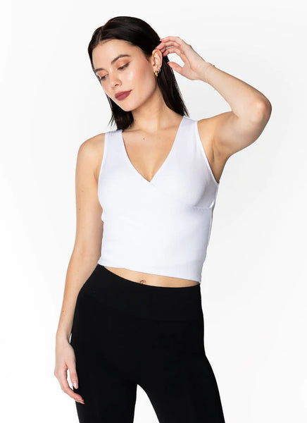 Cest Moi Bamboo Ribbed S/Less Wrap Top - White