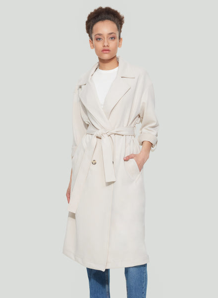 Dex Double Breasted Knit Trench Coat - Soft Ecru